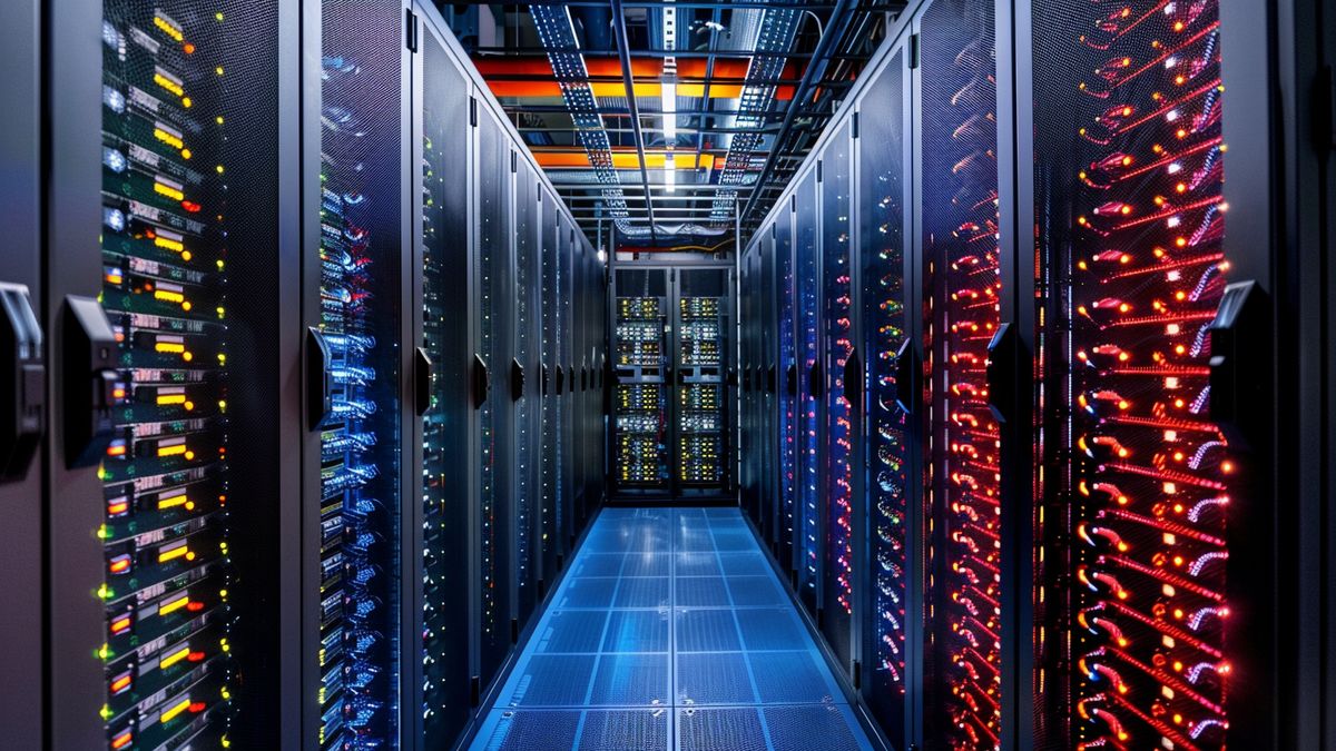 Server room with racks of servers running HyperV technology.