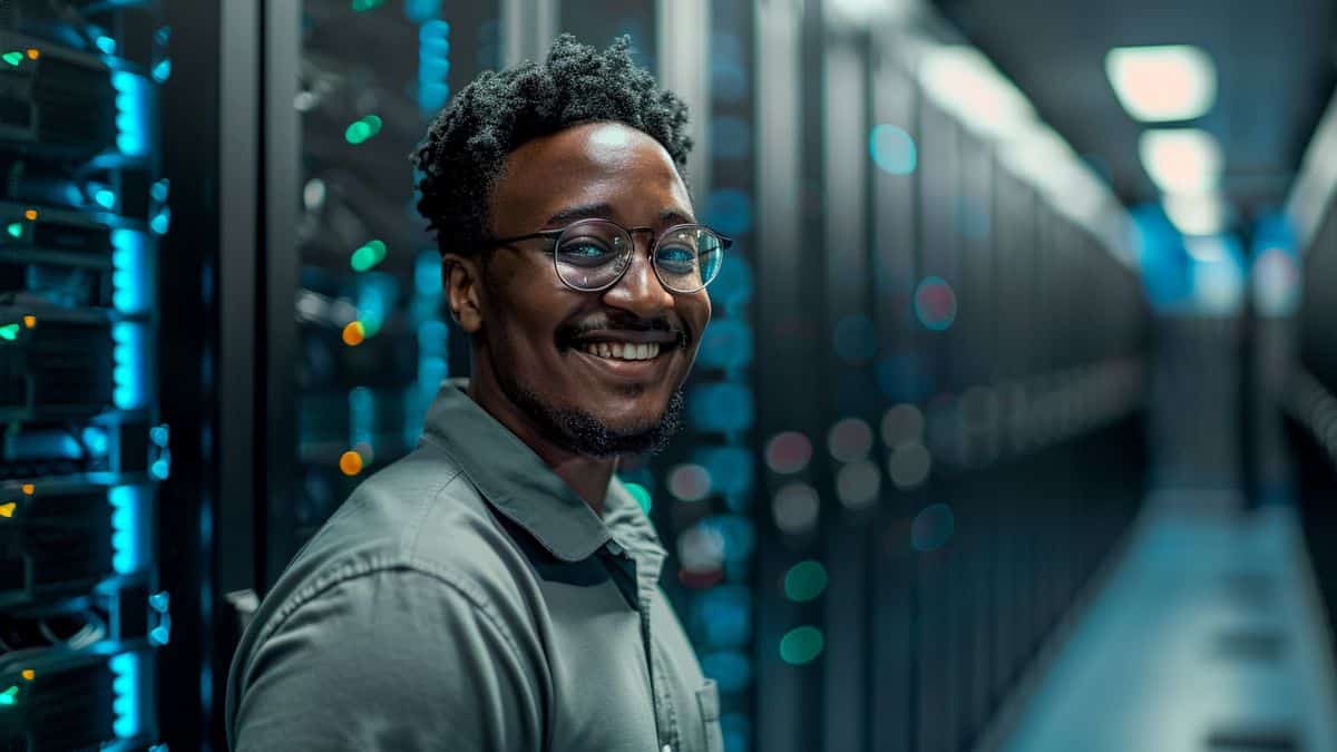 Profissional de TI sorrindo, cercado por equipamentos de alta tecnologia em data center.