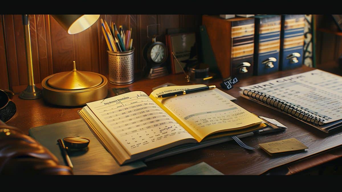 Desk setup with stationery and an open notebook displaying a comparison table.